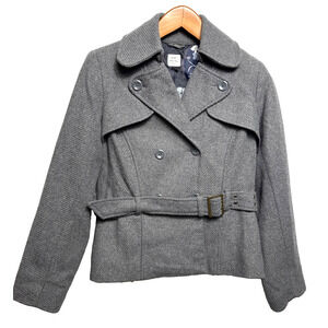 Y2K Old Navy Wool Blend Cropped Pea Coat Belted Double Breasted Size Small EUC